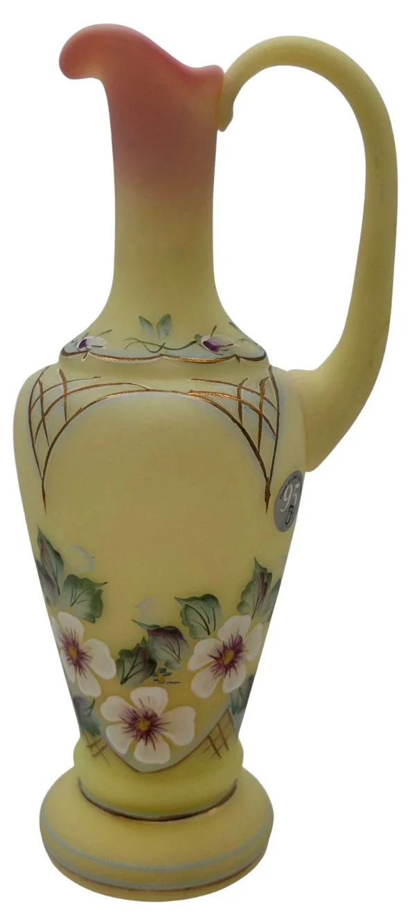 FENTON SATIN BURMESE DECORATED EWER SIGNED NUMBERED GLOWS